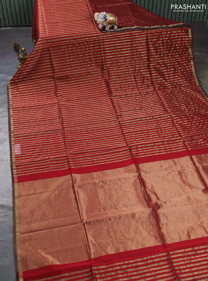 Maheswari silk cotton saree kumkum red with allover stripe pattern and zari woven border