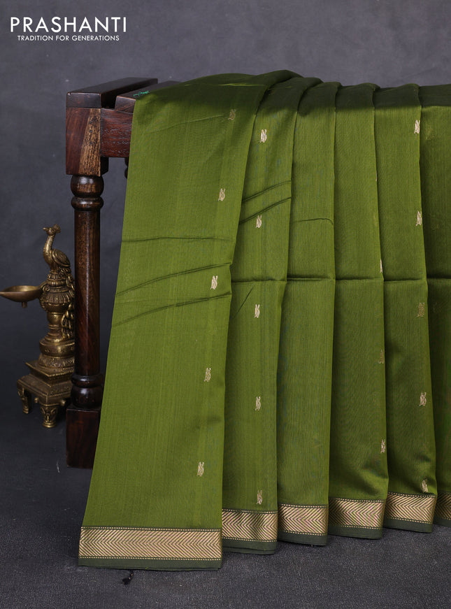 Maheswari silk cotton saree mehendi green and black with zari woven buttas and zari woven border