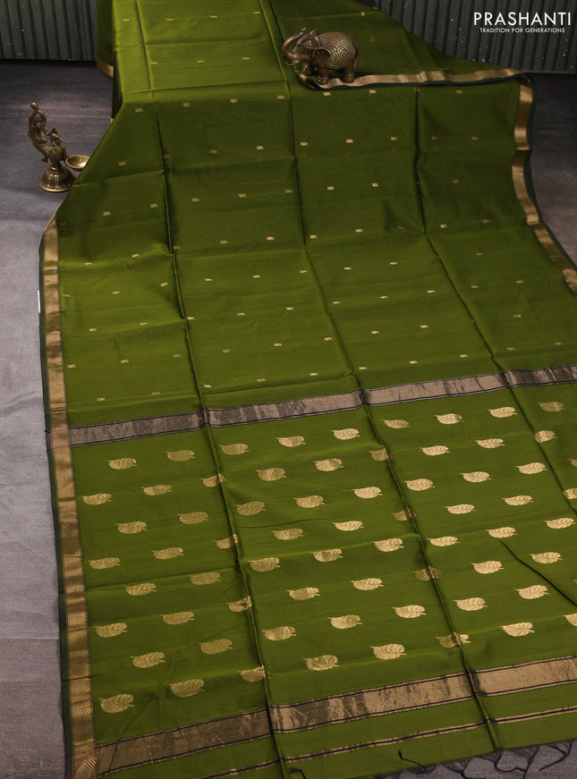 Maheswari silk cotton saree mehendi green and black with zari woven buttas and zari woven border