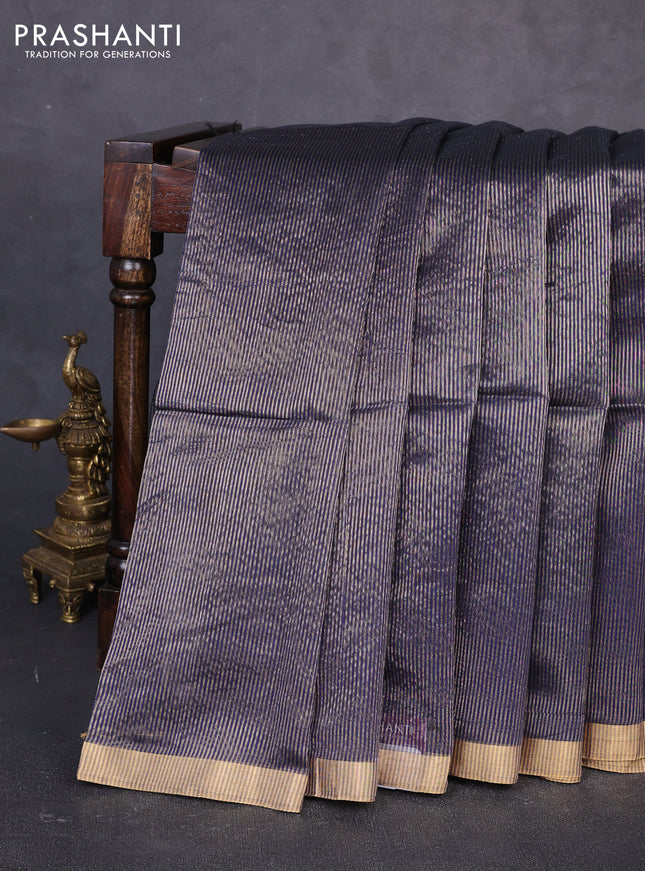 Maheswari silk cotton saree navy blue with allover zari stripe pattern and zari woven border