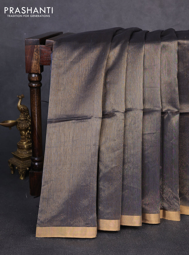 Maheswari silk cotton saree elephant grey with allover zari stripe pattern and zari woven border
