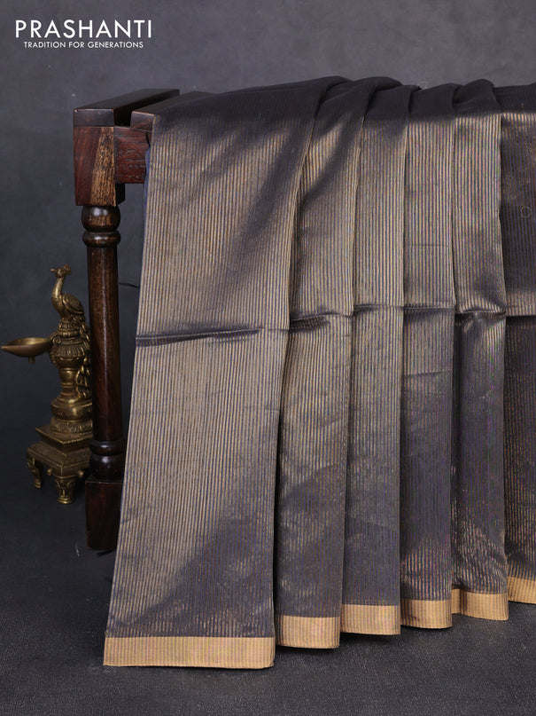 Maheswari silk cotton saree elephant grey with allover zari stripe pattern and zari woven border