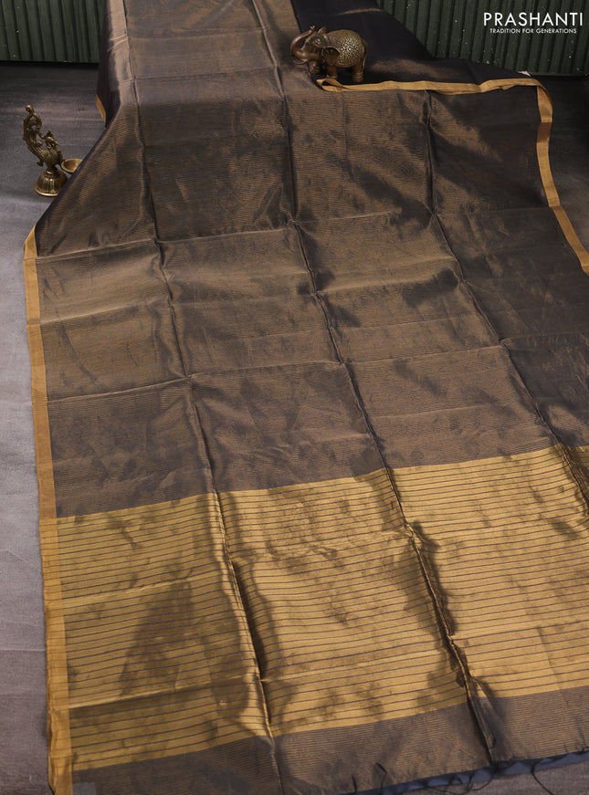 Maheswari silk cotton saree elephant grey with allover zari stripe pattern and zari woven border