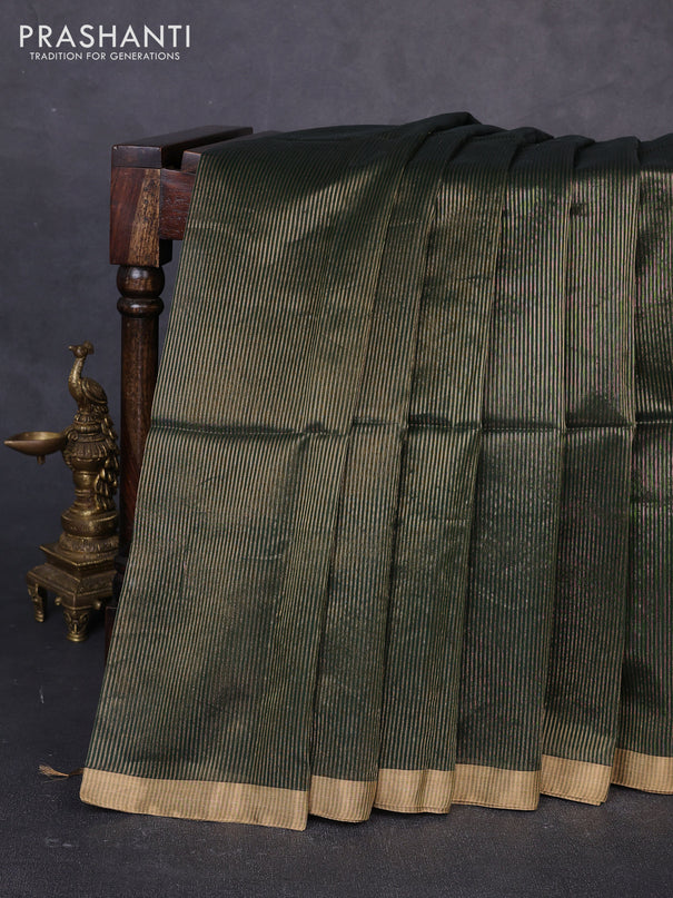 Maheswari silk cotton saree bottle green with allover zari stripe pattern and zari woven border