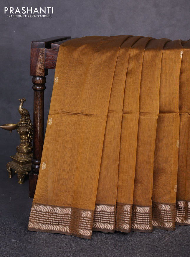 Maheswari silk cotton saree dark mustard and coffee brown with zari woven buttas and zari woven border