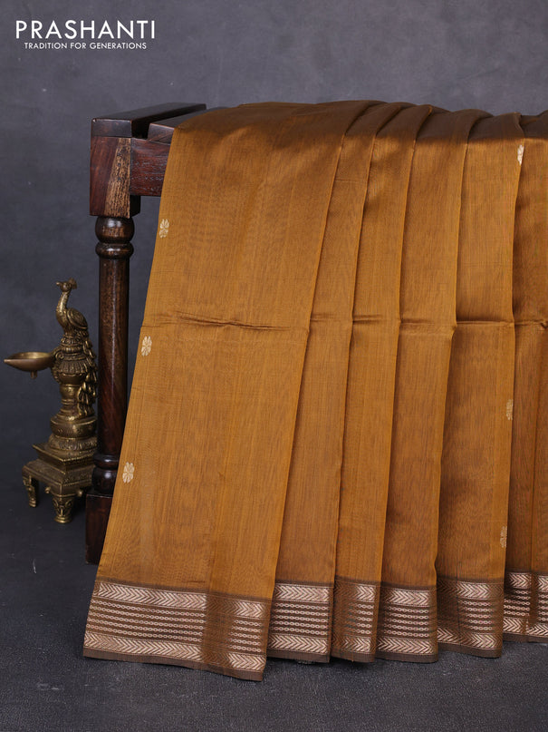 Maheswari silk cotton saree dark mustard and coffee brown with zari woven buttas and zari woven border