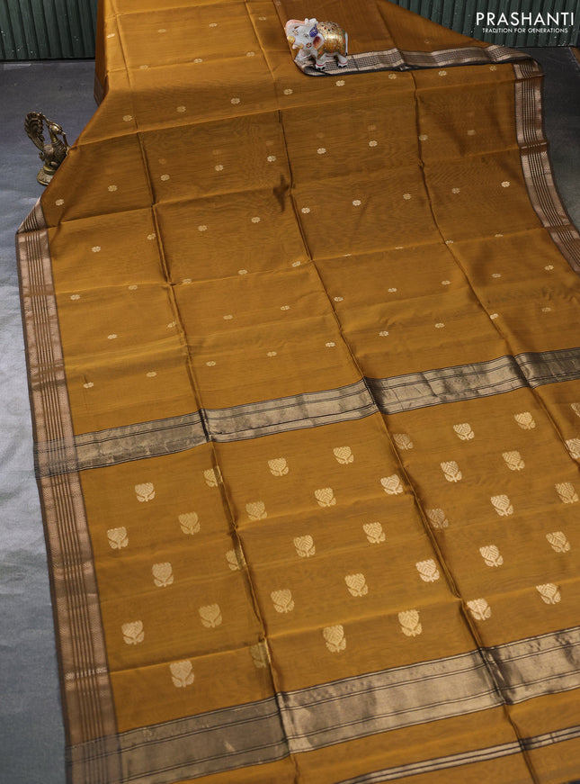 Maheswari silk cotton saree dark mustard and coffee brown with zari woven buttas and zari woven border