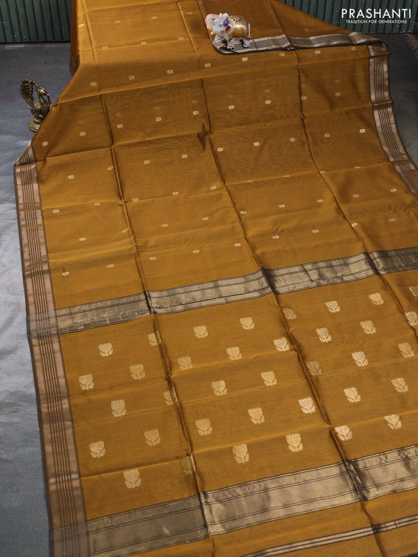 Maheswari silk cotton saree dark mustard and coffee brown with zari woven buttas and zari woven border