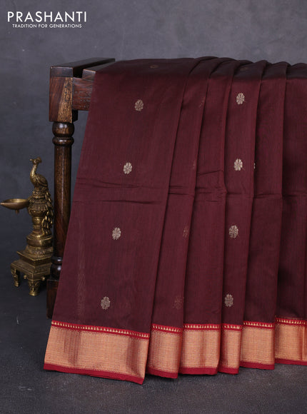 Maheswari silk cotton saree coffee brown and red with zari woven buttas and zari woven border