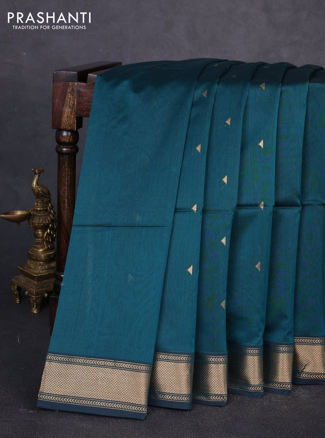 Maheswari silk cotton saree peacock green with zari woven geometric buttas and zari woven border