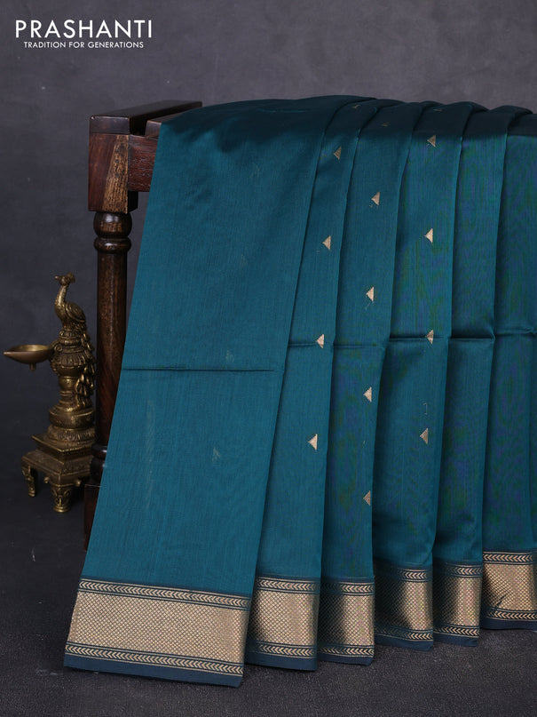 Maheswari silk cotton saree peacock green with zari woven geometric buttas and zari woven border