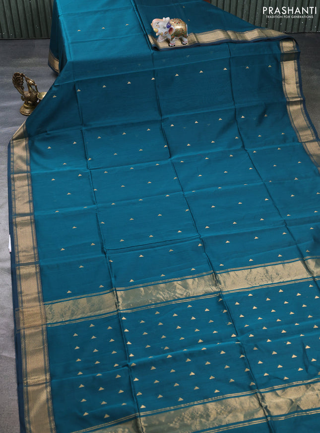 Maheswari silk cotton saree peacock green with zari woven geometric buttas and zari woven border