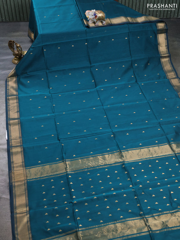 Maheswari silk cotton saree peacock green with zari woven geometric buttas and zari woven border