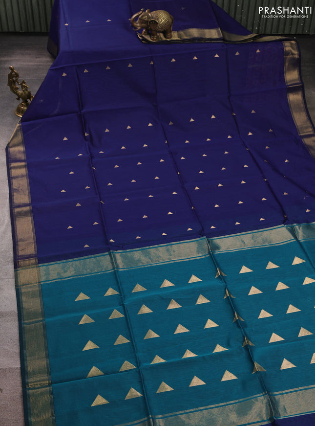 Maheswari silk cotton saree blue and teal green with zari woven geometric buttas and zari woven border