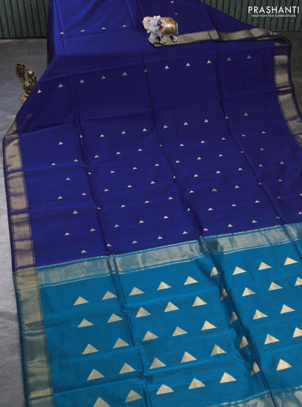 Maheswari silk cotton saree blue and teal green with zari woven geometric buttas and zari woven border