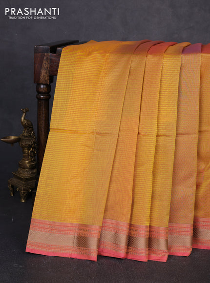 Maheswari silk cotton saree yellow and peach pink with allover stripe pattern and thread woven border