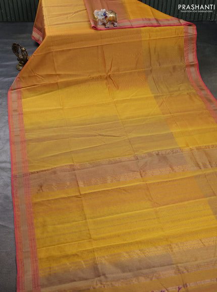 Maheswari silk cotton saree yellow and peach pink with allover stripe pattern and thread woven border
