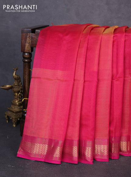 Maheswari silk cotton saree pink and mango yellow with plain body and zari woven border