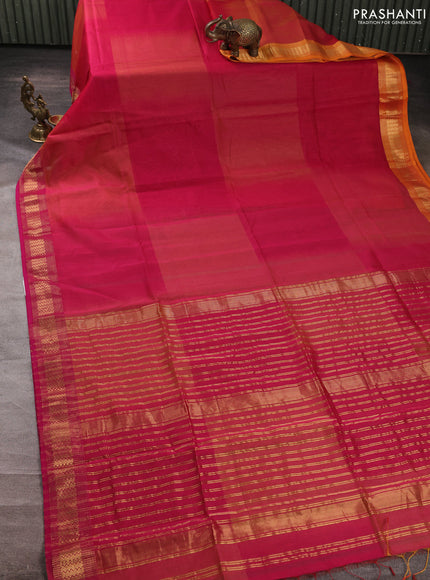 Maheswari silk cotton saree pink and mango yellow with plain body and zari woven border