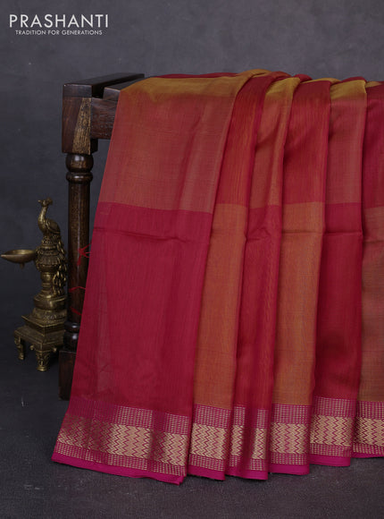 Maheswari silk cotton saree maroon and mango yellow with plain body and zari woven border