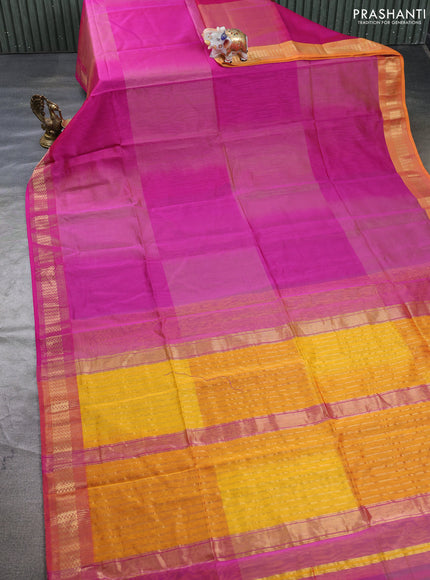 Maheswari silk cotton saree purple and mango yellow with plain body and zari woven border