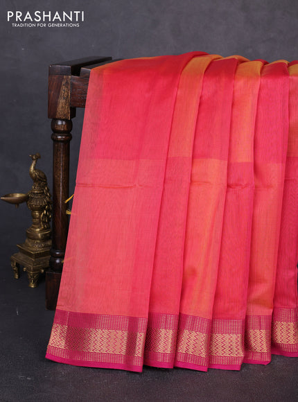 Maheswari silk cotton saree pink and yellow with plain body and zari woven border