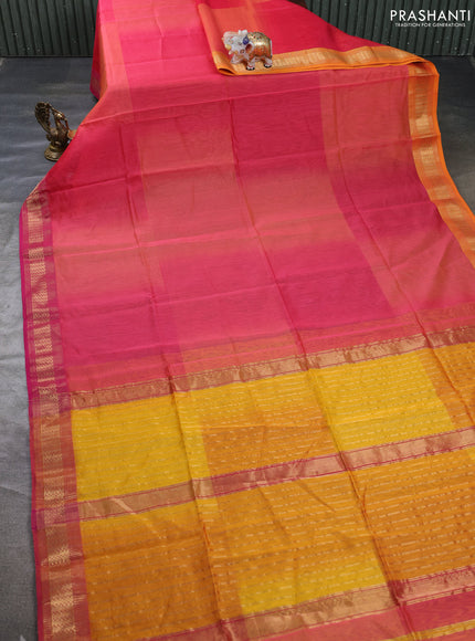 Maheswari silk cotton saree pink and yellow with plain body and zari woven border