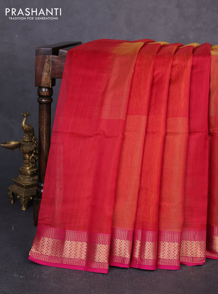 Maheswari silk cotton saree dual shade of pinkish maroon and mango yellow with plain body and zari woven border