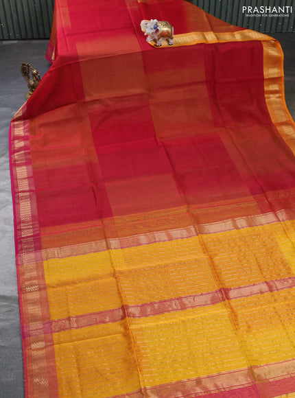 Maheswari silk cotton saree dual shade of pinkish maroon and mango yellow with plain body and zari woven border