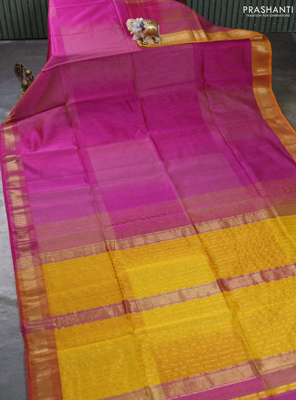 Maheswari silk cotton saree magenta pink and mango yellow with plain body and ganga jamuna border