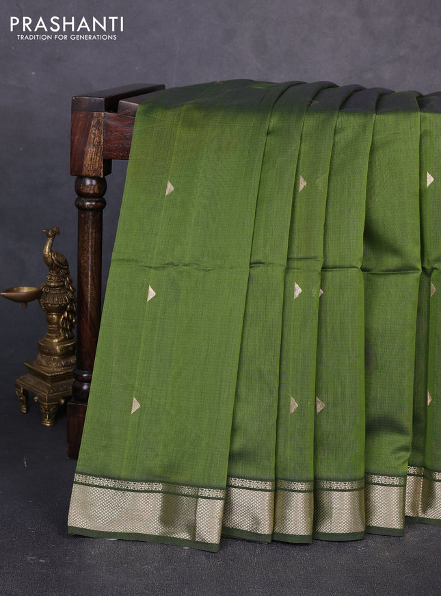 Maheswari silk cotton saree mehendi green and violet with zari woven geometric buttas and zari woven border