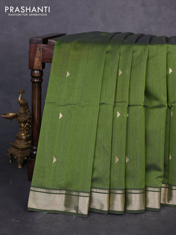 Maheswari silk cotton saree mehendi green and violet with zari woven geometric buttas and zari woven border