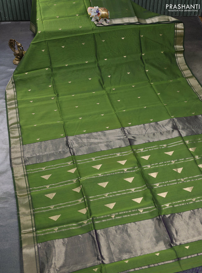 Maheswari silk cotton saree mehendi green and violet with zari woven geometric buttas and zari woven border