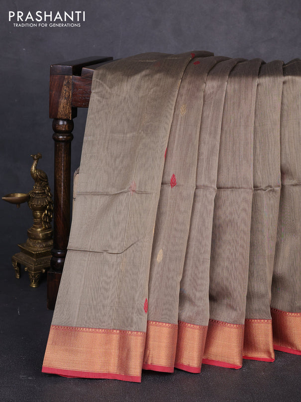 Maheswari silk cotton saree dark beige and red with thread & zari woven buttas and zari woven border