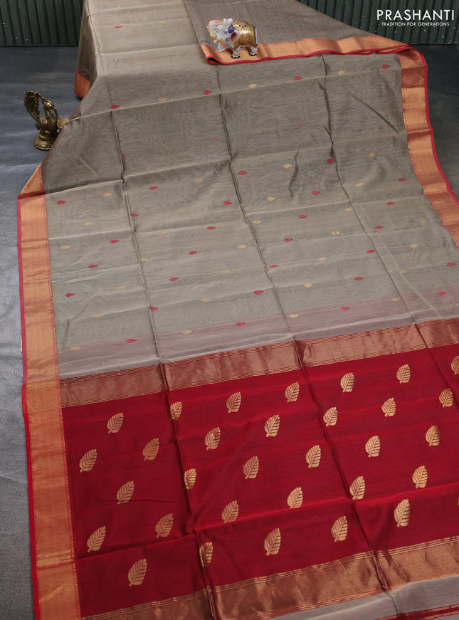 Maheswari silk cotton saree dark beige and red with thread & zari woven buttas and zari woven border