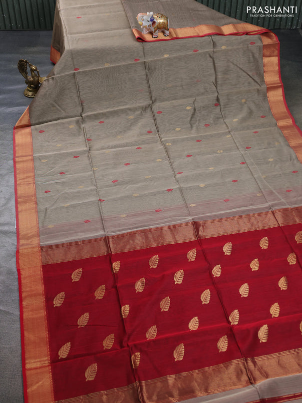 Maheswari silk cotton saree dark beige and red with thread & zari woven buttas and zari woven border