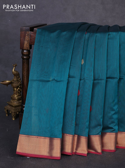 Maheswari silk cotton saree peacock green and red with thread & zari woven buttas and zari woven border