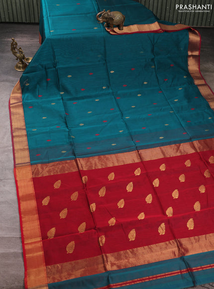 Maheswari silk cotton saree peacock green and red with thread & zari woven buttas and zari woven border