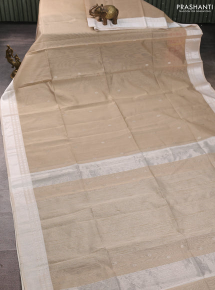 Maheswari silk cotton saree beige and cream with silver zari woven buttas and thread woven border