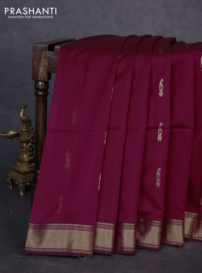 Maheswari silk cotton saree dark magenta pink and teal green with zari woven geometric buttas and zari woven border