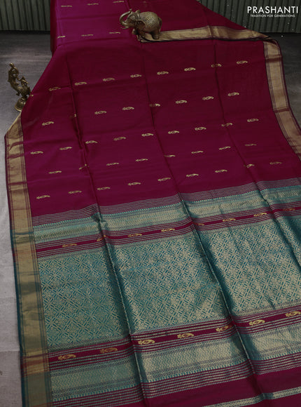Maheswari silk cotton saree dark magenta pink and teal green with zari woven geometric buttas and zari woven border
