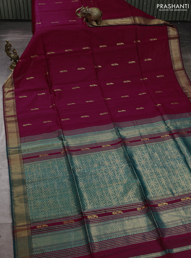 Maheswari silk cotton saree dark magenta pink and teal green with zari woven geometric buttas and zari woven border