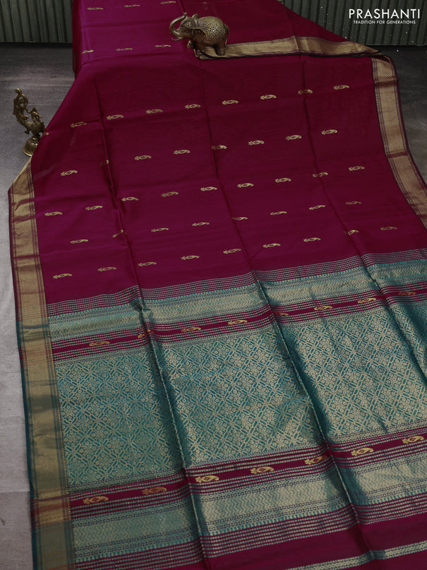 Maheswari silk cotton saree dark magenta pink and teal green with zari woven geometric buttas and zari woven border