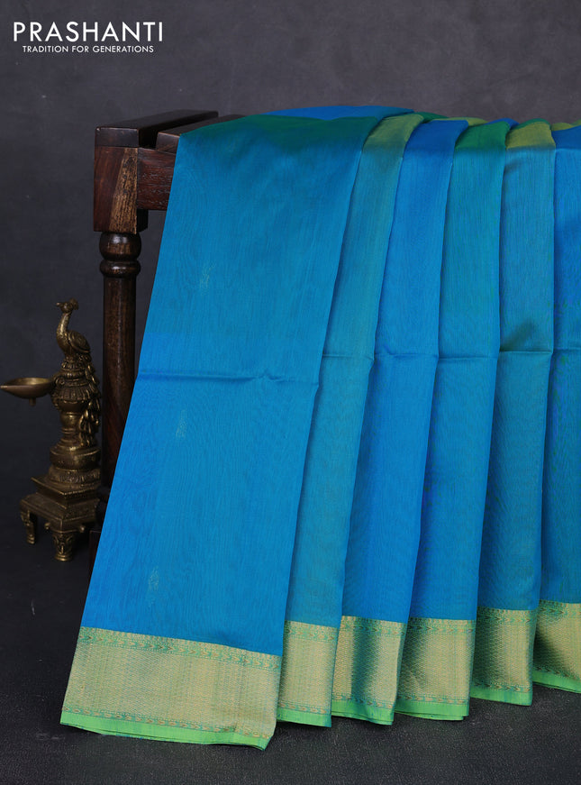 Maheswari silk cotton saree dual shade of teal blue and green with zari woven buttas and zari woven border