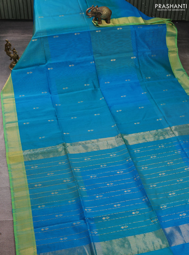 Maheswari silk cotton saree dual shade of teal blue and green with zari woven buttas and zari woven border