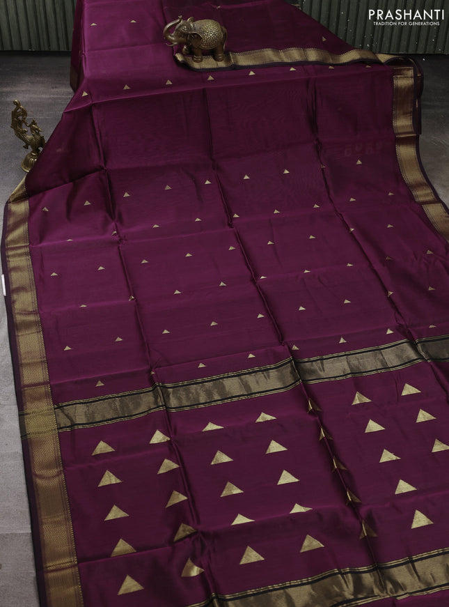 Maheswari silk cotton saree wine shade with zari woven geometric buttas and zari woven border