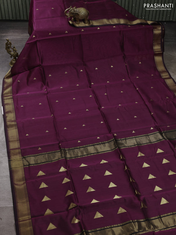 Maheswari silk cotton saree wine shade with zari woven geometric buttas and zari woven border