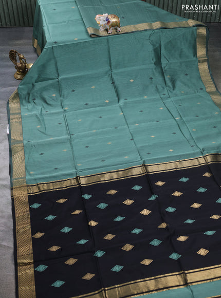 Maheswari silk cotton saree pastel green and black with thread & zari woven buttas and zari woven border