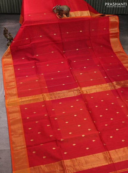 Maheswari silk cotton saree red and orange with allover zari weaves and zari woven border
