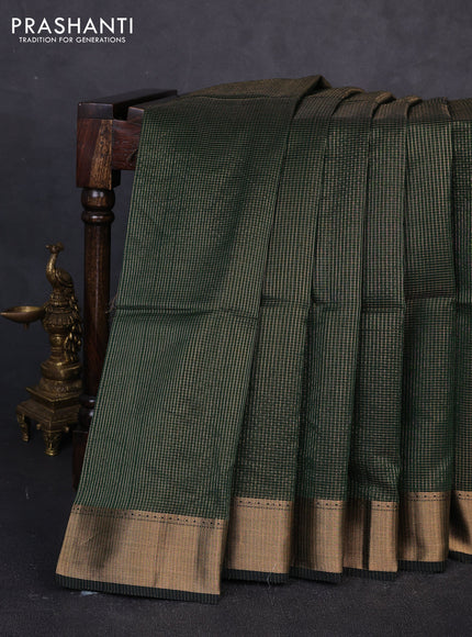 Maheswari silk cotton saree bottle green and black with allover small zari checked pattern and zari woven border